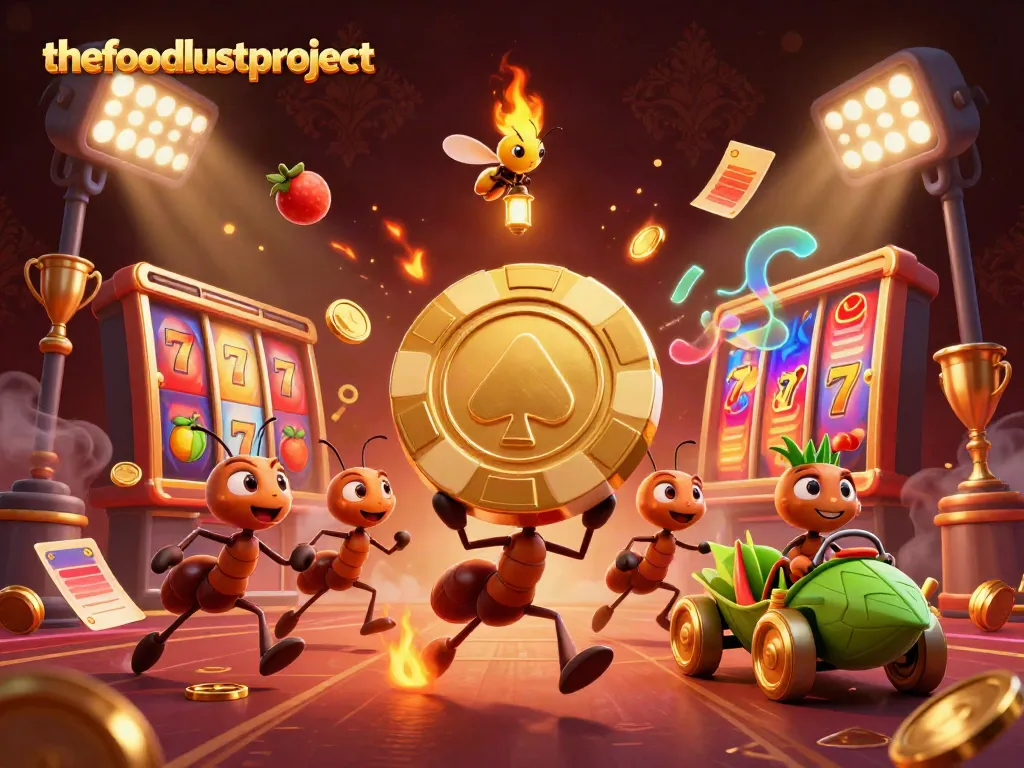 Ant beraksi membawa chip poker emas di thefoodlustproject, menunjukkan slot dan jackpot dalam suasana kasino.