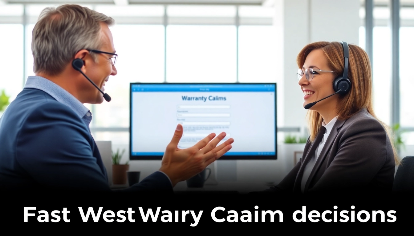 Showcasing fast warranty claim decisions with a customer service representative assisting a client.