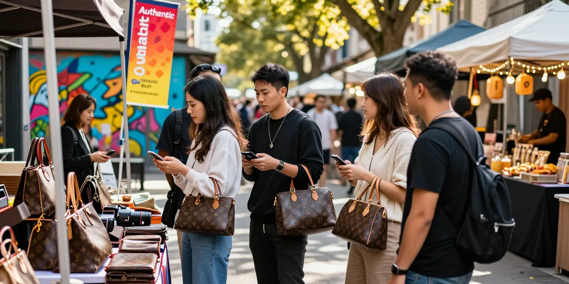Fashionable shoppers exploring high-quality 레플리카 사이트 luxury products at an outdoor market.