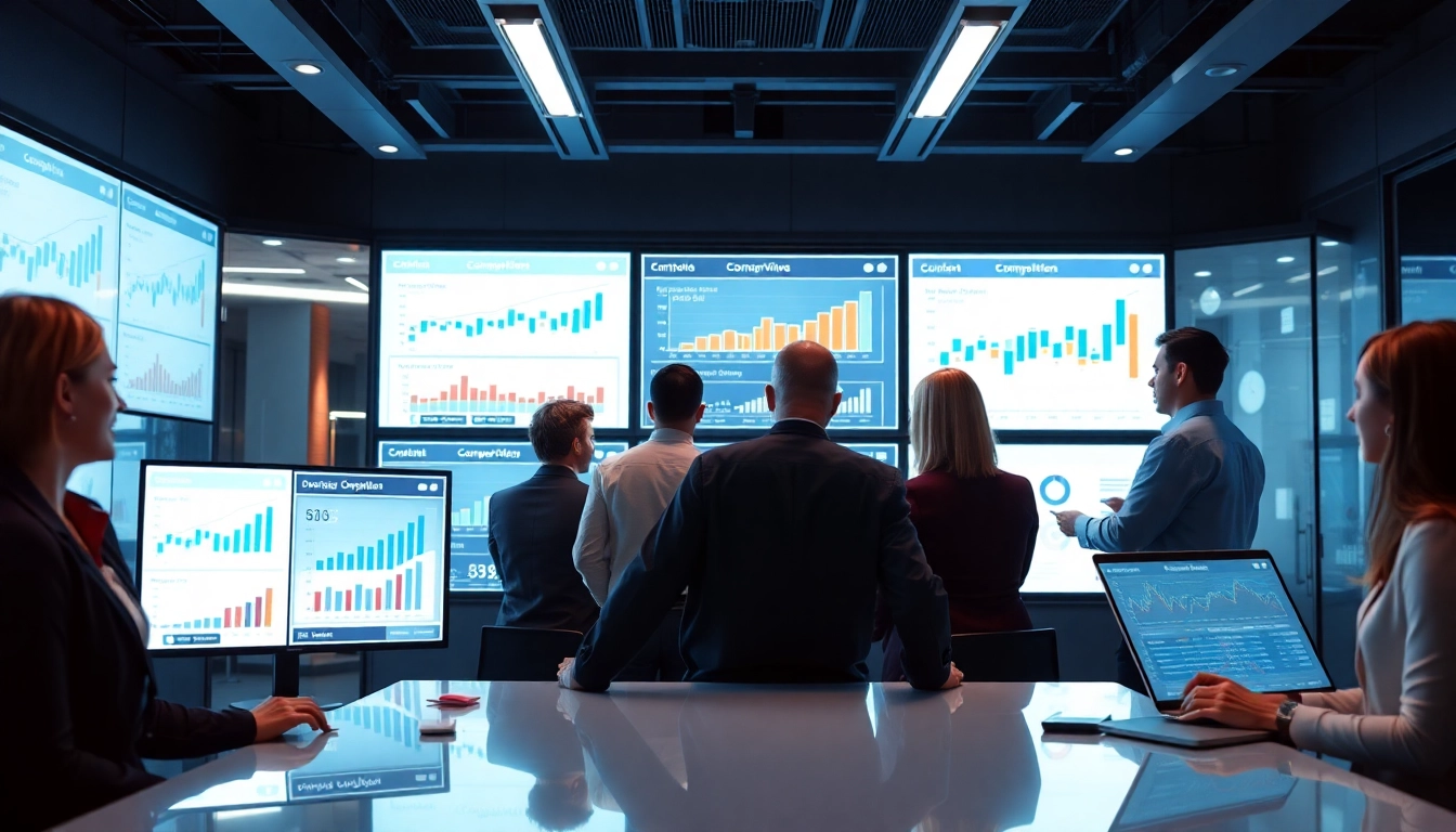Analyze competitor pricing in a modern office with data trends and collaborative professionals.
