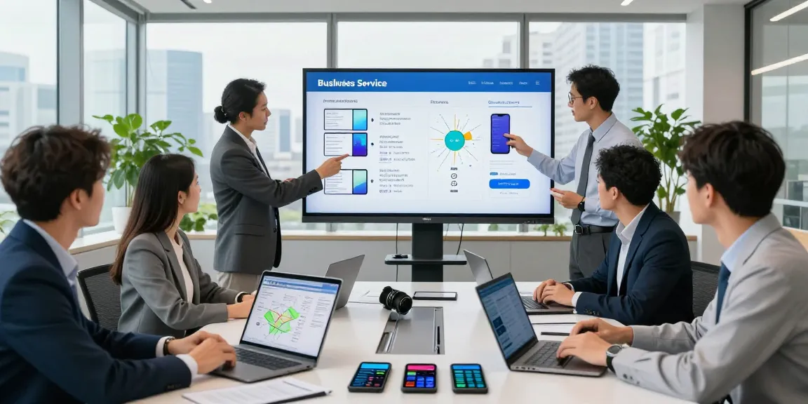 Business mobile comparison UK meeting in a modern office with professionals discussing plans and network options.