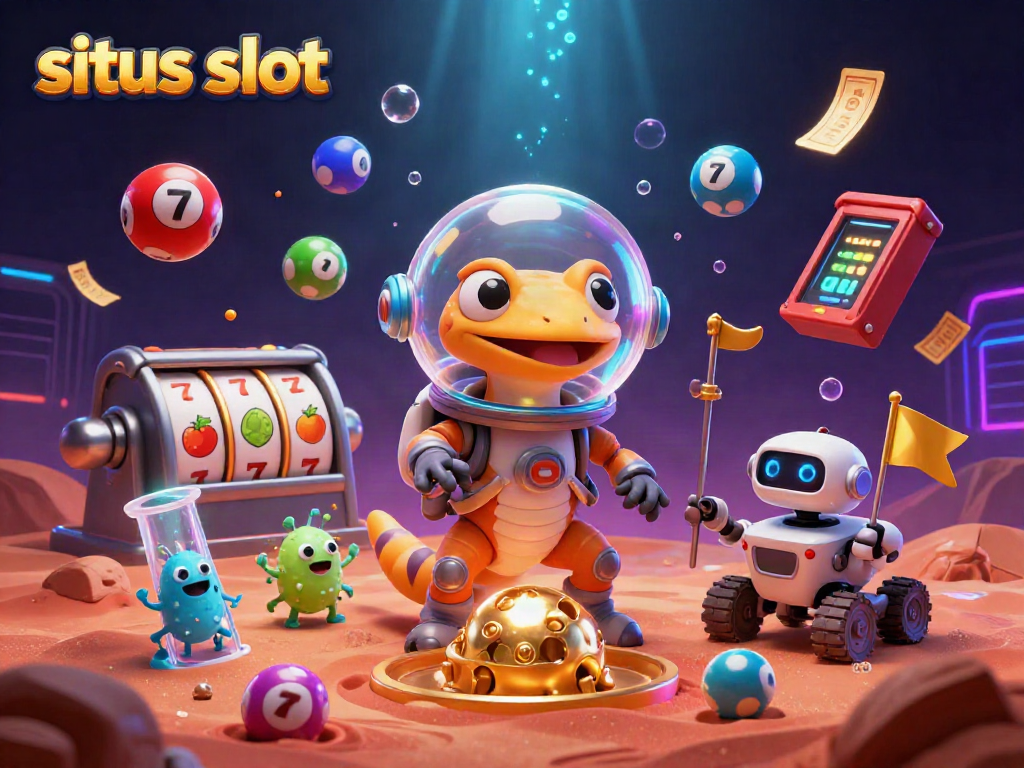 Gecko Martian menjelajahi kasino emas di Mars, menampilkan slot dan elemen permainan, situs slot.