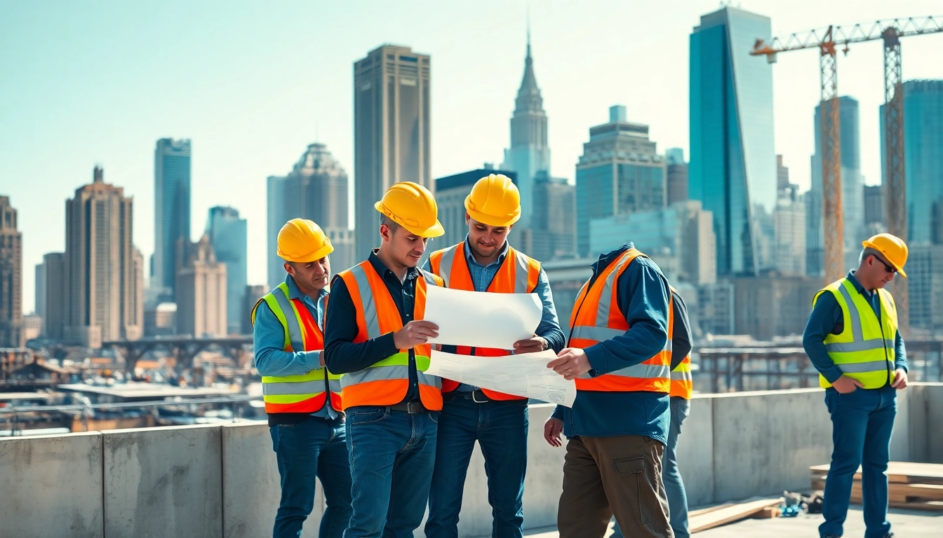 Team of New York City General Contractors collaborating on a construction site with iconic NYC skyline.