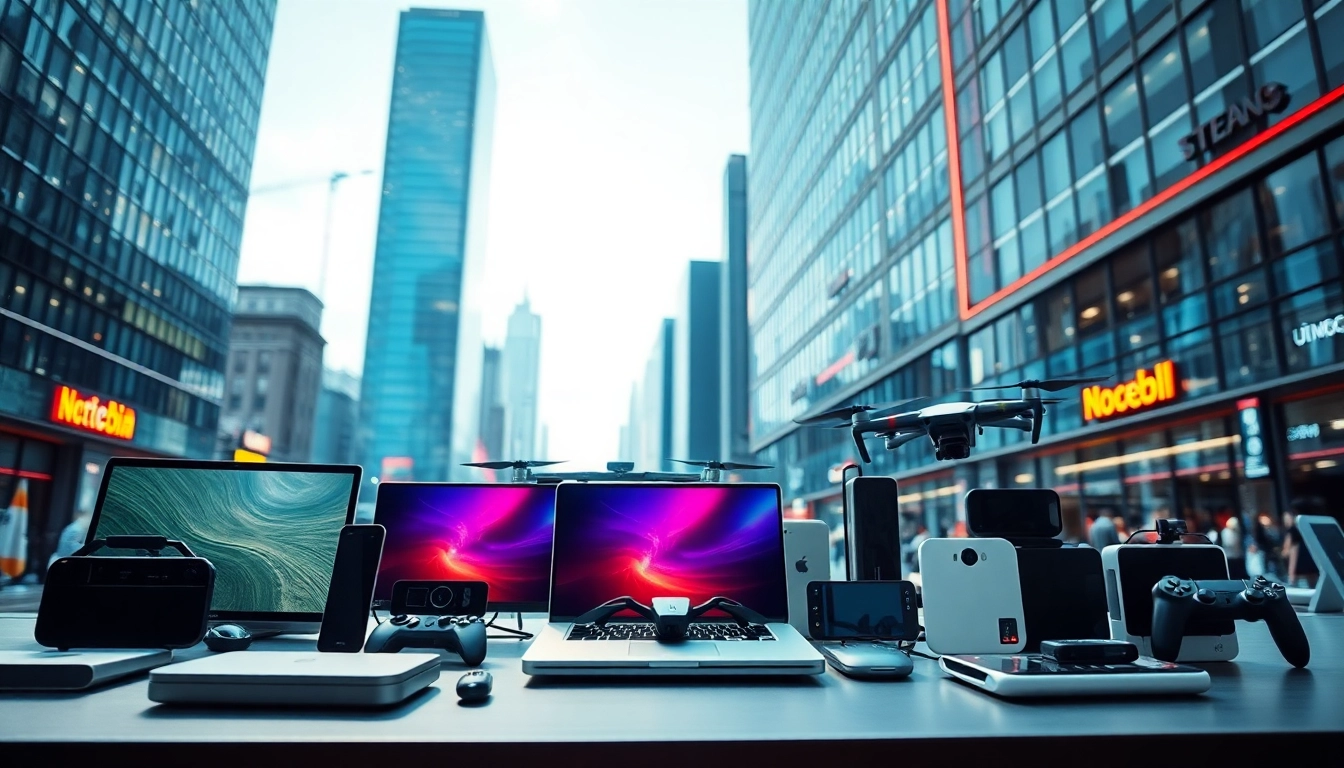 Explore technology innovations showcased in a dynamic urban environment with modern gadgets.