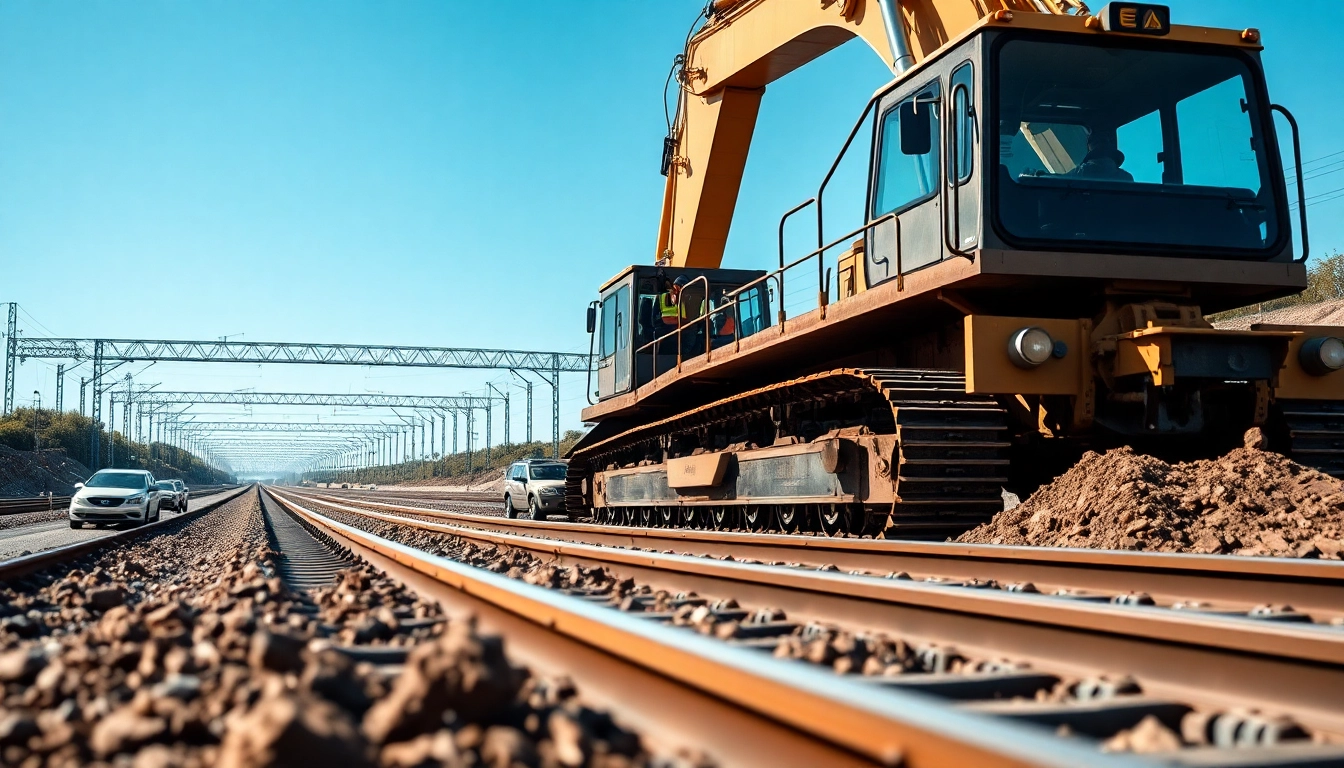 Workers engaged in Railroad Construction with heavy machinery on a busy track site.