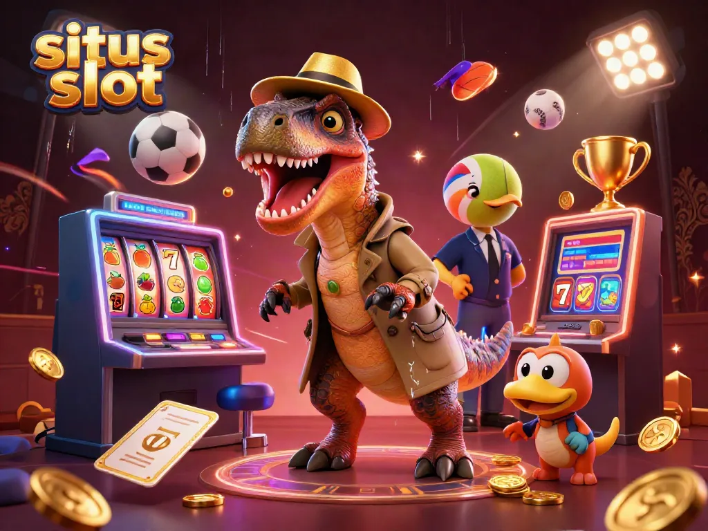 Gambarkan adegan kasino dengan 'situs slot' tempat velociraptor bermain mesin slot, segerombol elemen judi di sekelilingnya.