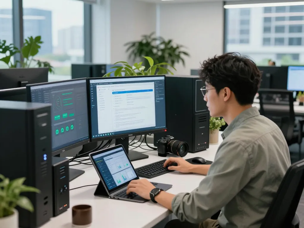 Professional at https://shs-dome5.com/ monitoring security protocols in a modern tech workspace.