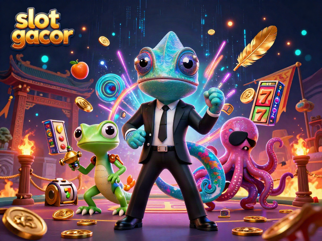 Slot gacor menang besar dengan karakter kartun 3D dan elemen kasino yang menarik.