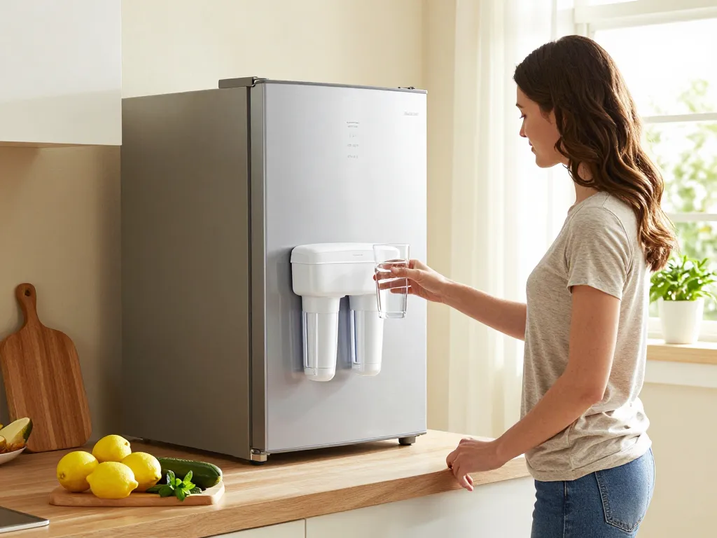 AQUA CREST 469690 ADQ36006101 Refrigerator Water Filter displayed in a bright kitchen, with fresh ingredients promoting health.