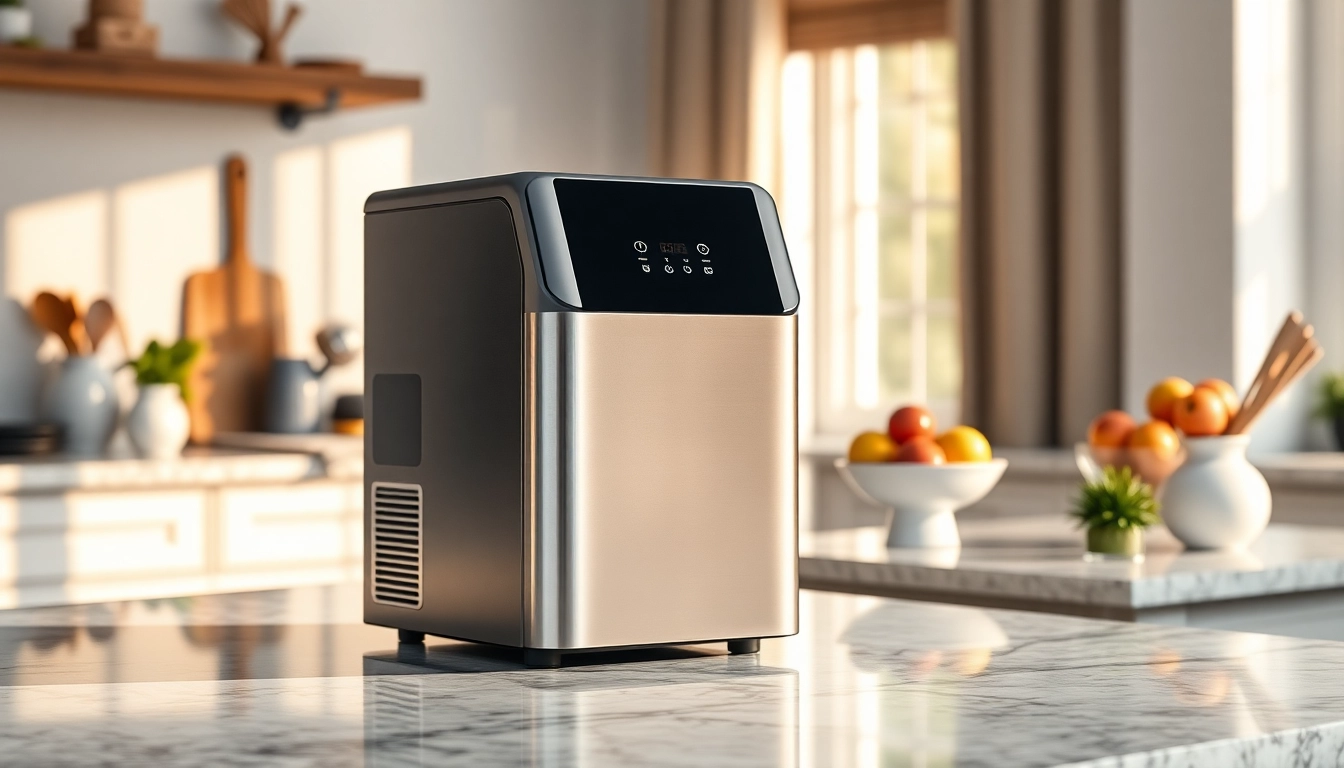 Modern ice maker on a granite countertop in a bright kitchen setting.