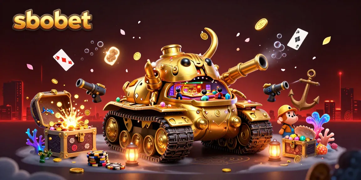 Experience thrilling sbobet action with a vibrant casino scene inside a golden tank.
