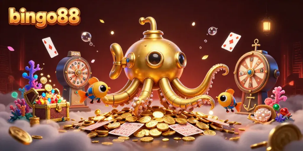 Bingo88 menampilkan perahu kaleng emas yang muncul di lautan koin emas dengan kartu bingo dan mesin undian untuk permainan.