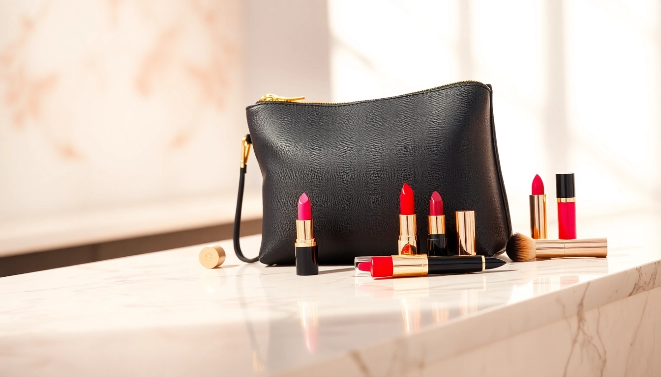 Showcase the skone cosmetics signature makeup bag with vibrant cosmetics artfully displayed inside.