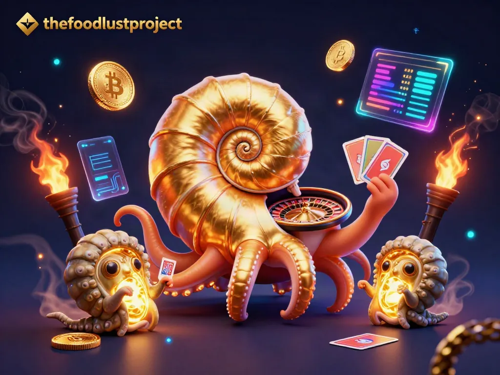 Gambarkan momen menarik dengan thefoodlustproject saat bermain kartu di kasino dengan nautilus raksasa.