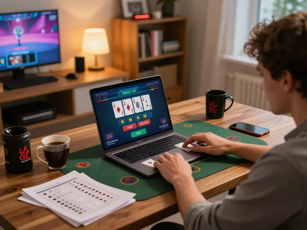Engaging with tg8 strategies while playing blackjack on a laptop in a cozy home office setting.