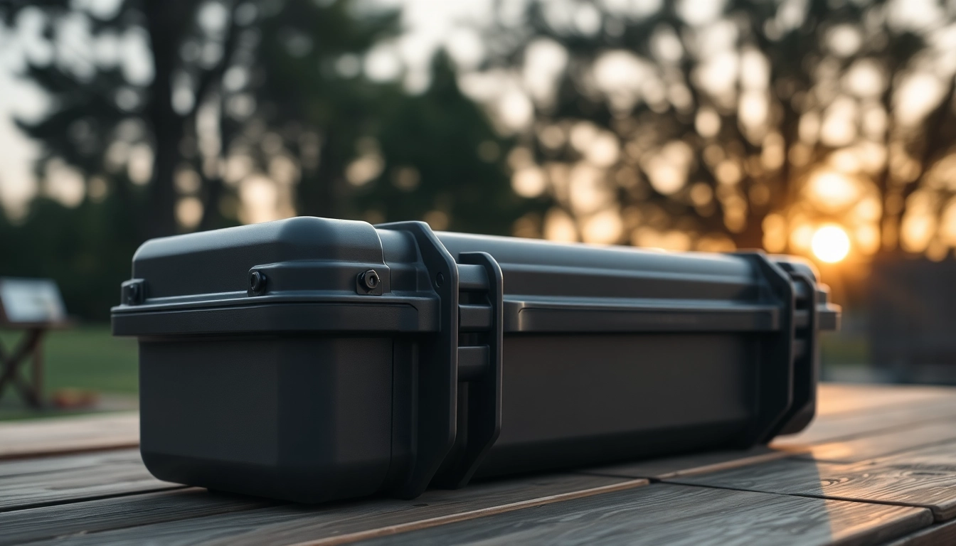 Showcasing a durable pelican rifle case on a wooden table against a blurred outdoor backdrop.