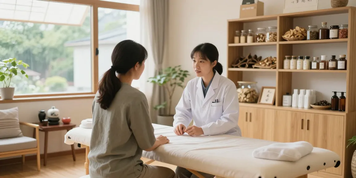 Consultation at 영통한의원 for pain management with herbalist in tranquil clinic.