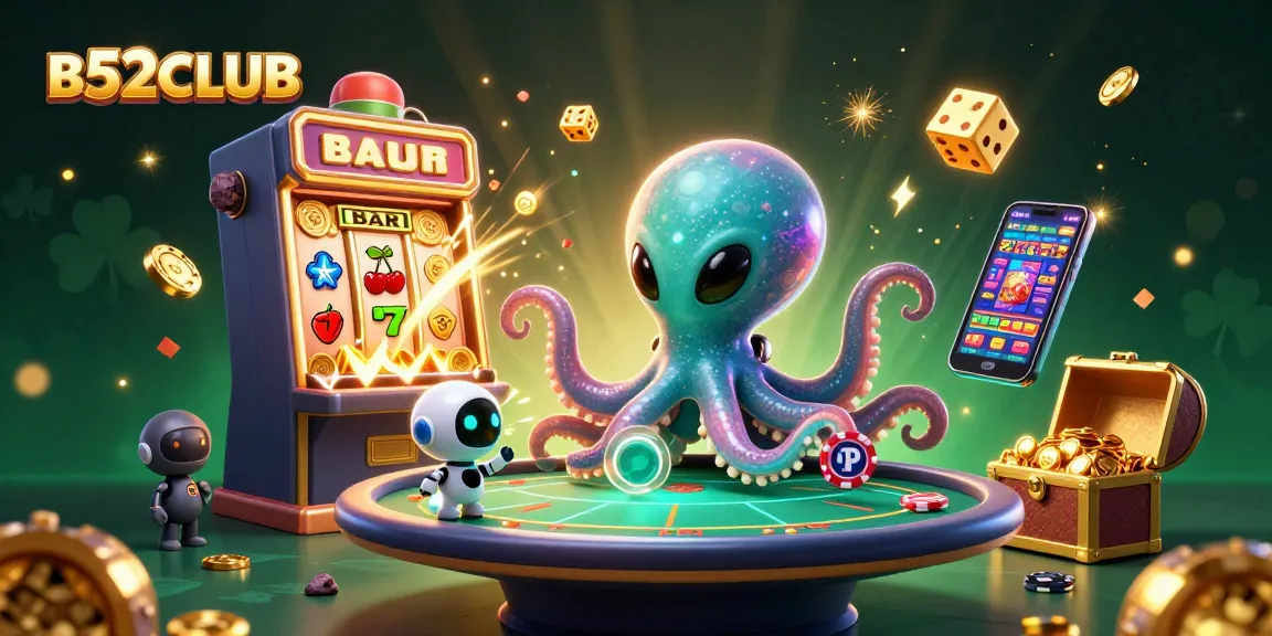 Experience the thrill of B52CLUB with a colorful 3D casino scene featuring an alien octopus and jackpot explosion.