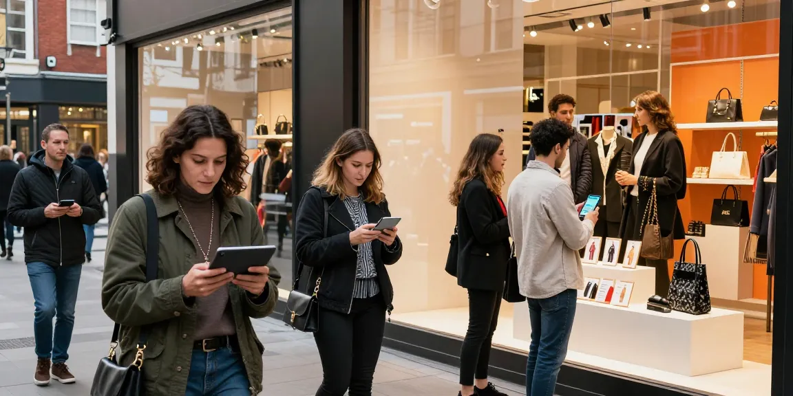 Exciting shopping experience at ForumUp showcasing diverse shoppers engaging with digital devices while exploring the latest products.