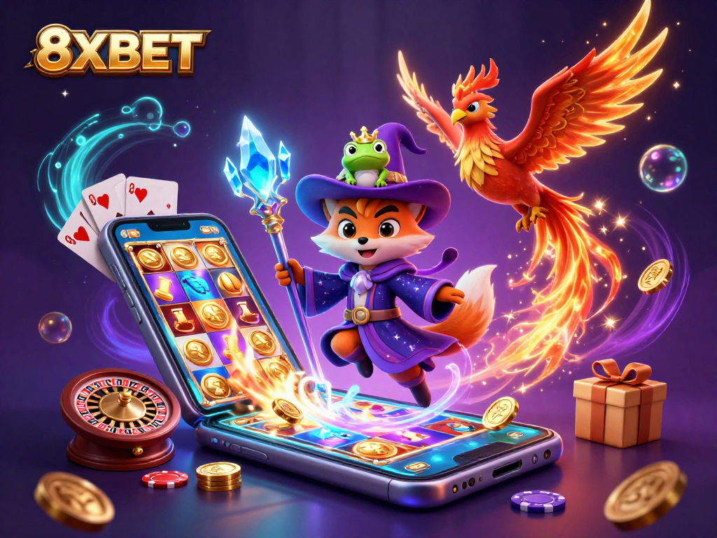 Engage with exciting casino dynamics at 8XBET with vivid 3D illustrations, glowing graphics, and gaming action.