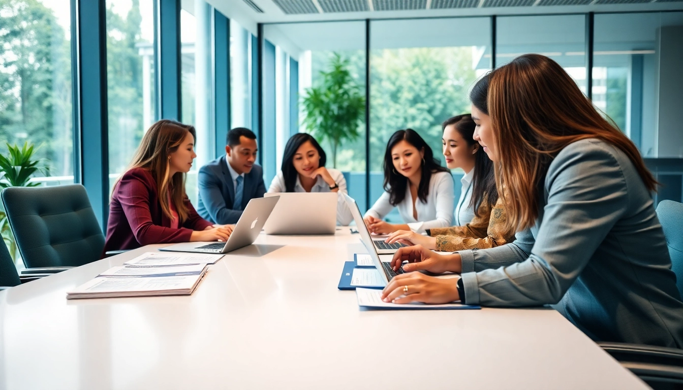 Engaged team in proposal writing and management collaboration at a modern office.