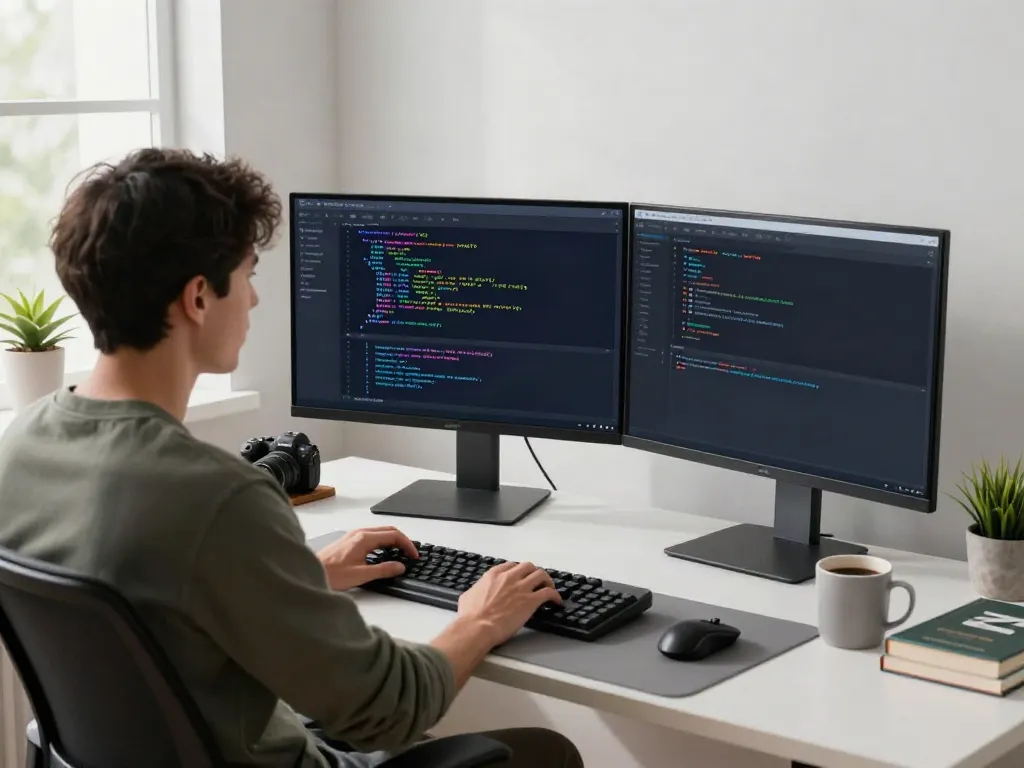 A software developer using v2rayN on dual monitors in a modern workspace.