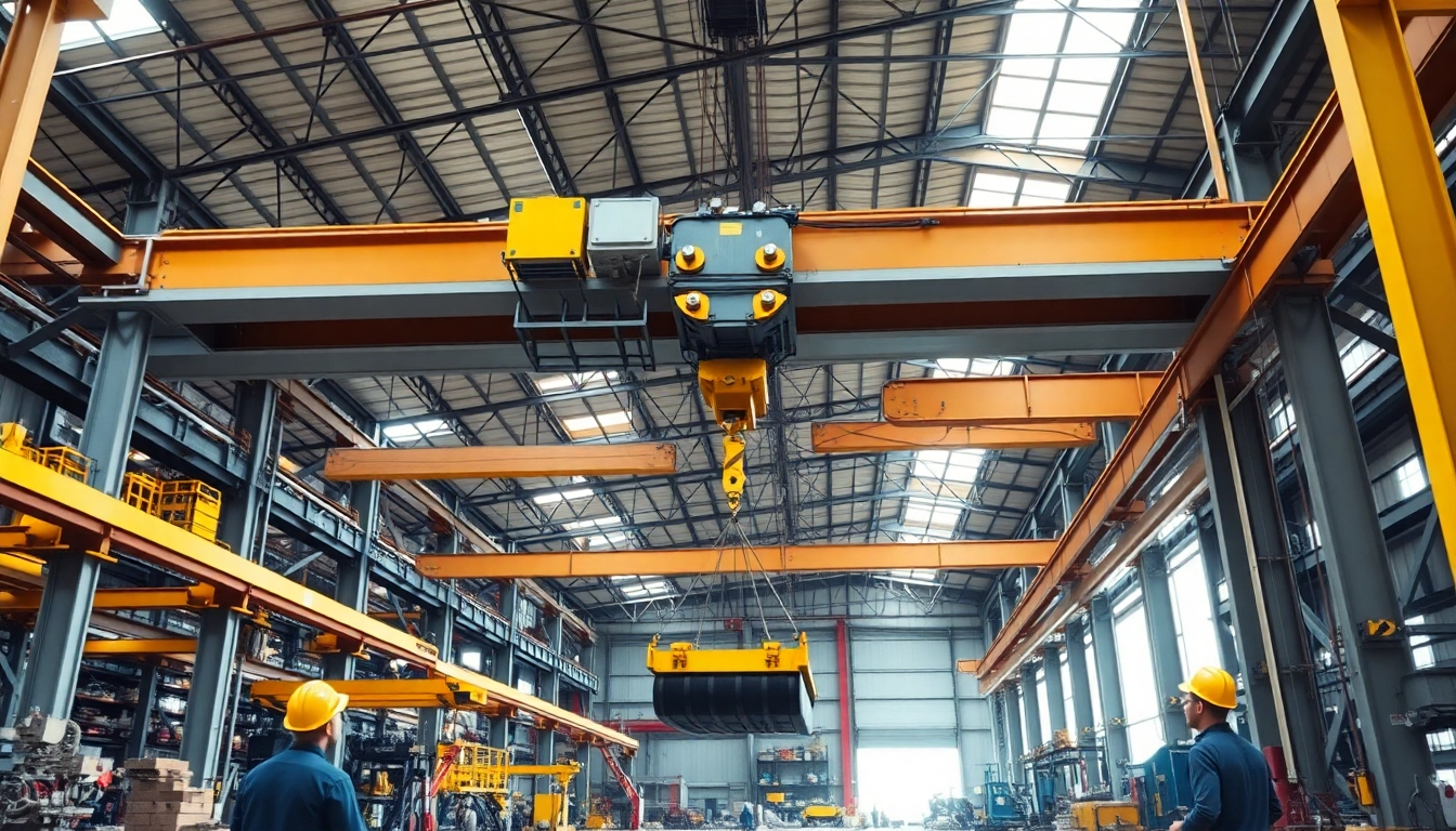 Double girder bridge crane lifting heavy loads in a manufacturing facility.