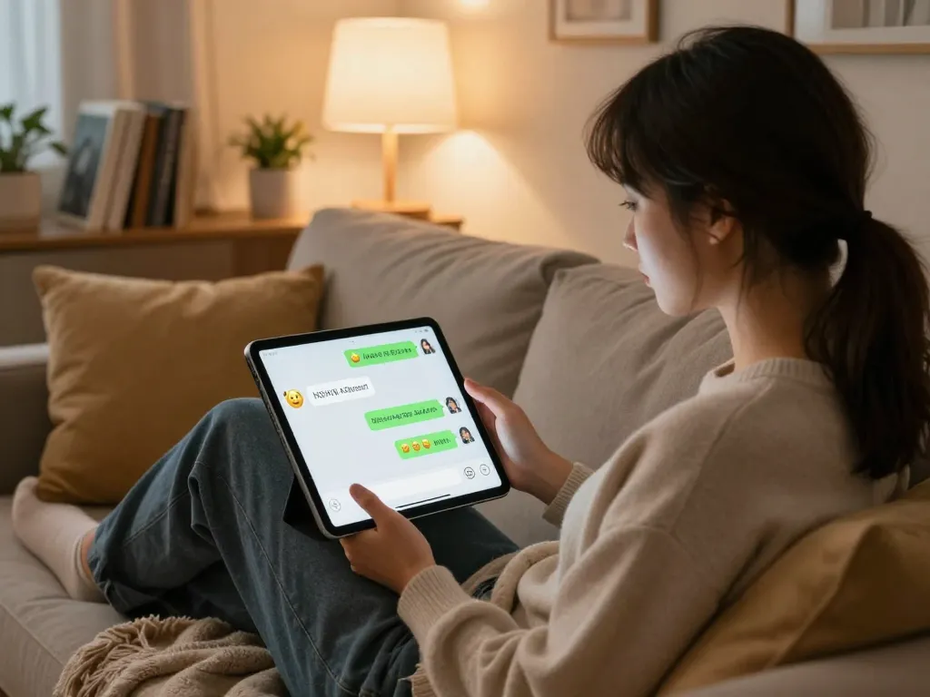 Engaging in ai nsfw chat with an AI chatbot on a tablet in a cozy room.