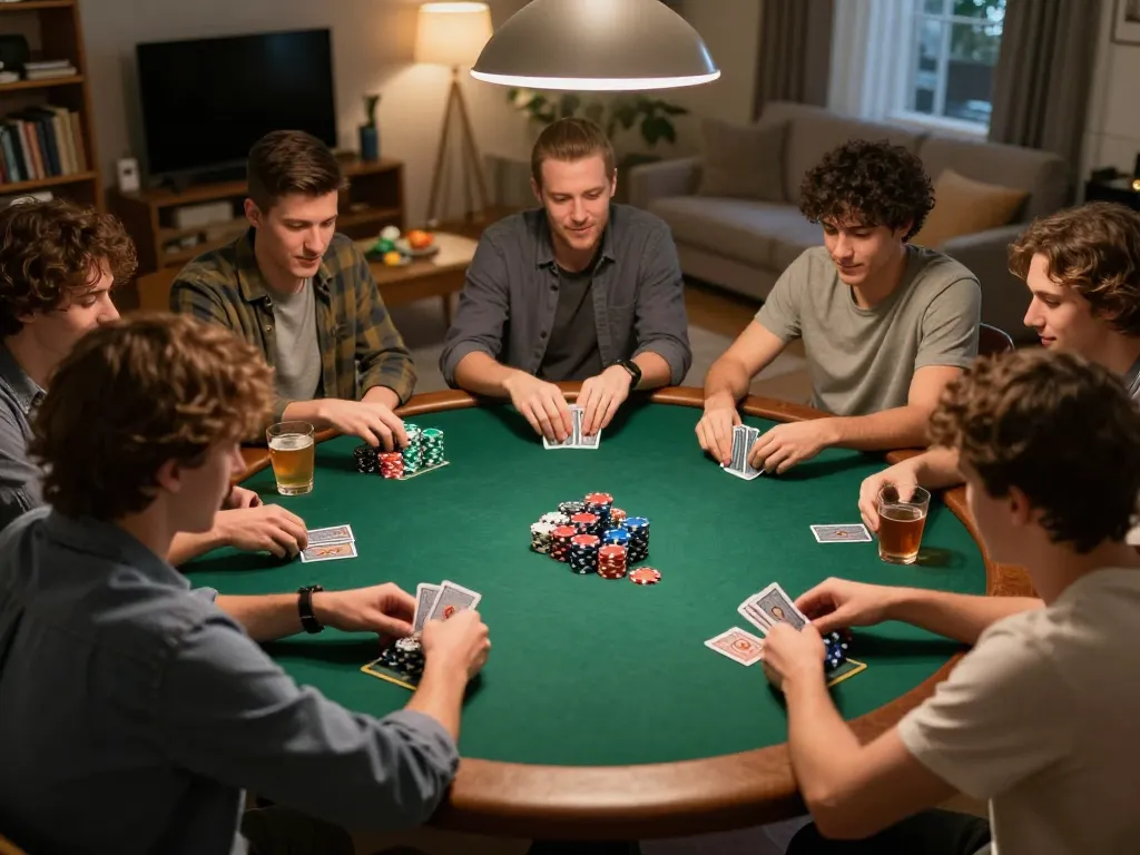 Engaging home game night scene with friends following the live draw Cambodia for their poker strategy.