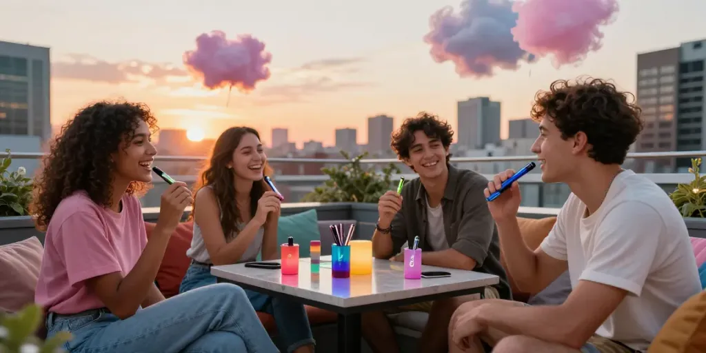 Friends enjoying Alien Labs pens on rooftop at sunset, showcasing lifestyle and urban vibe.