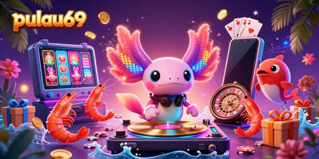 Join the party with pulau69 as our neon-colored DJ spins vibrant slot games.
