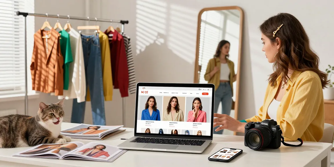 Fashion e-commerce scene with stylish woman on shs-dome5.com shopping for trendy outfits in her urban apartment.