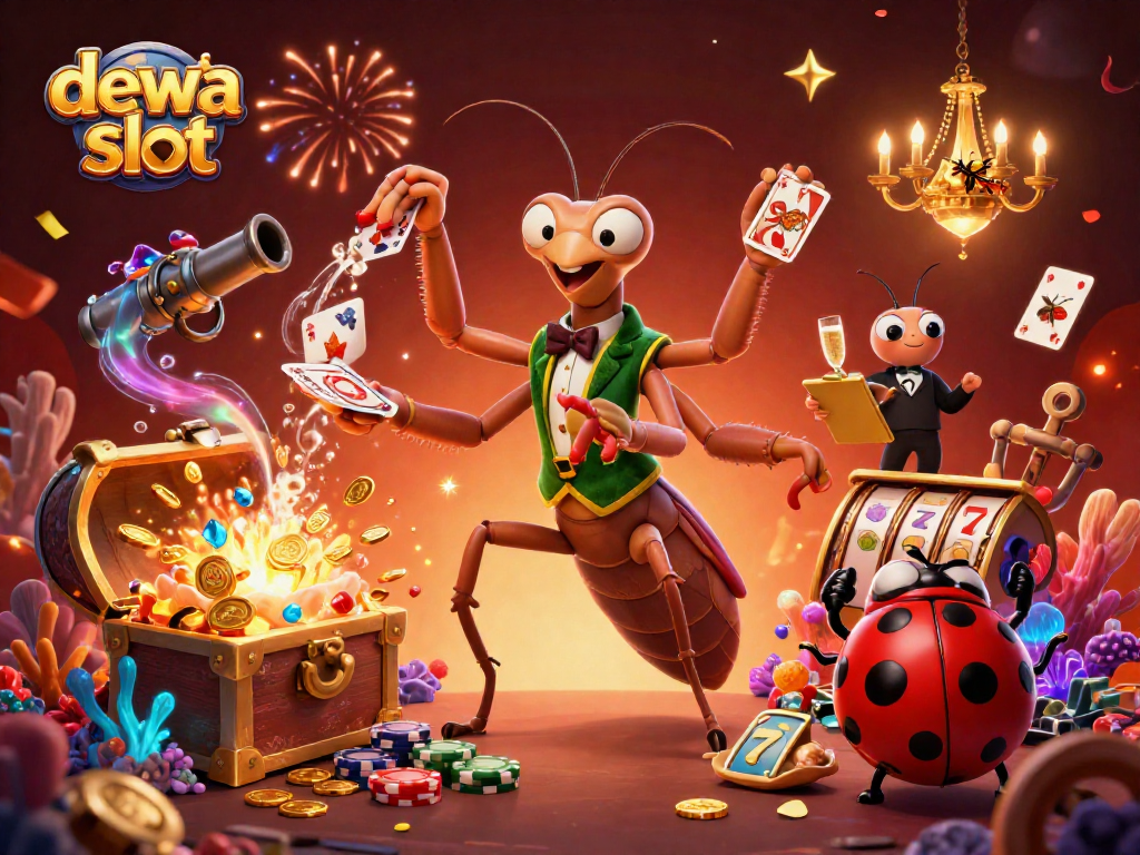 Gambarkan keseruan dewa slot dengan karakter koloni menarik di kasino yang penuh warna.
