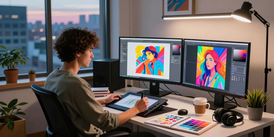 Creative artist designing vibrant ai nsfw digital artwork in a modern studio.