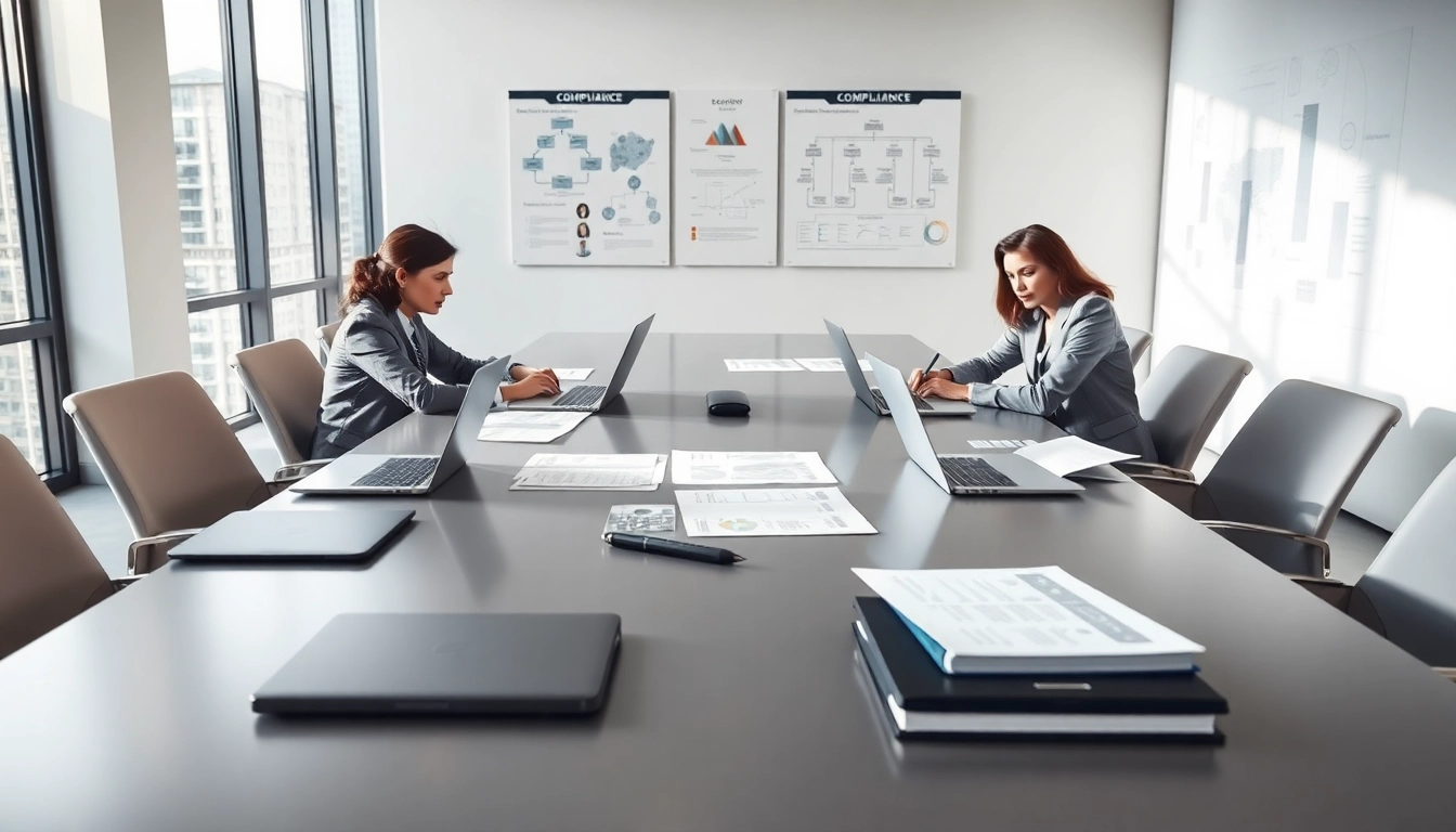 Showcasing FCPA/DCAA/Flowdown/ITAR/EAR compliance discussions in a modern office.