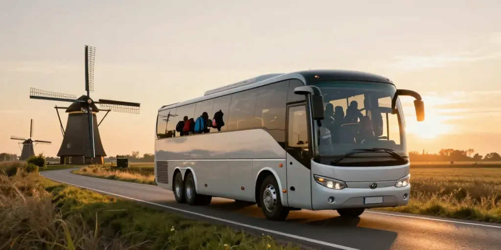 Transport internațional Moldova cu autobuz confortabil călătorind prin peisaje europene pitorești.