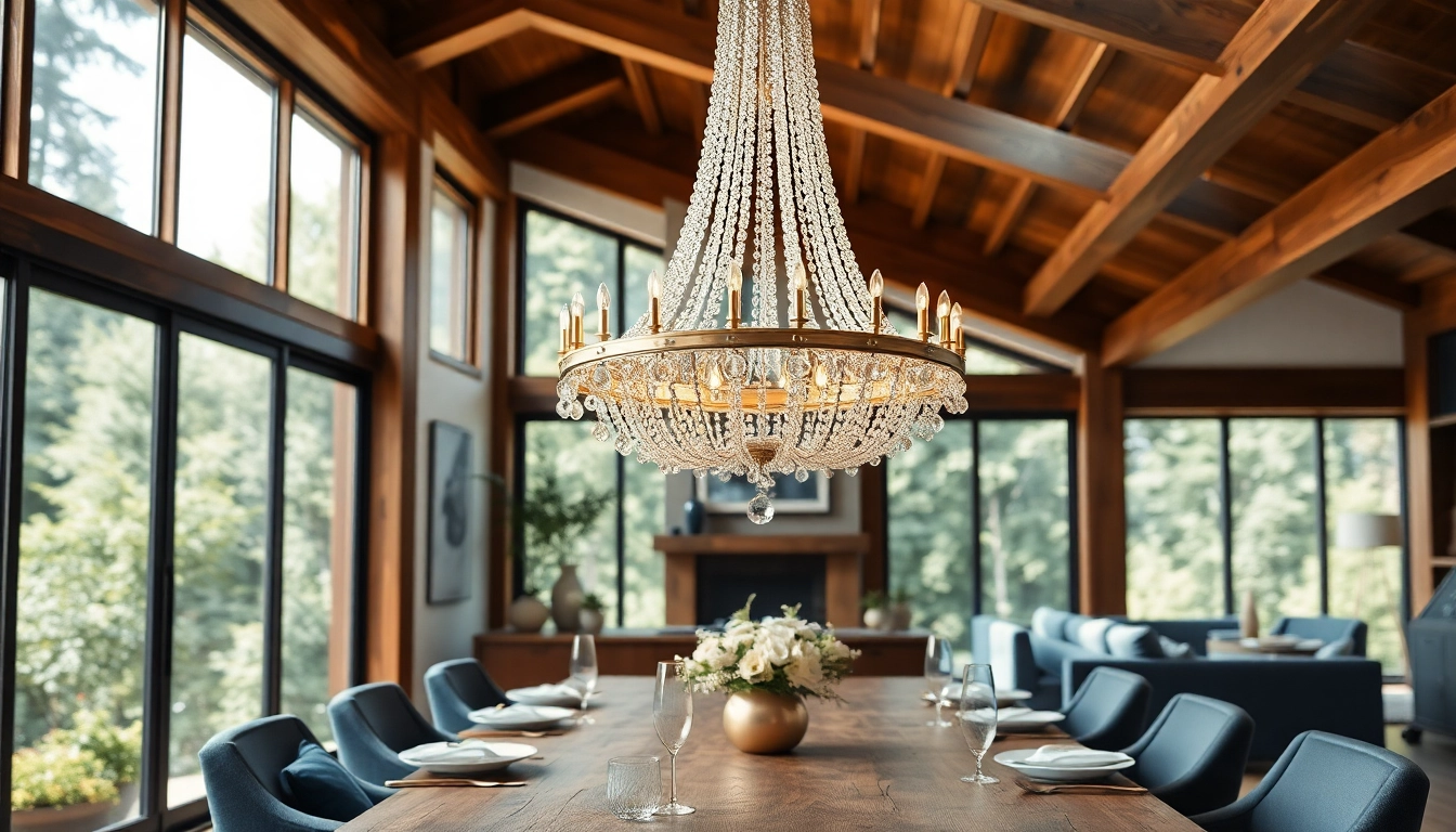 Stylish island chandelier illuminating a modern dining area with luxury elements.