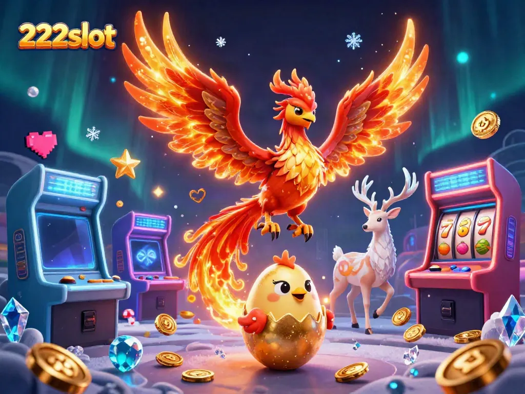 Slot online 222slot menampilkan phoenix berapi dan stag megah di kasino virtual.