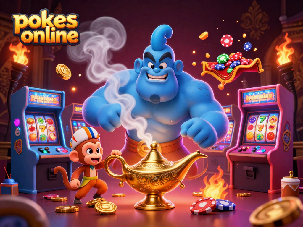 Engage in pokies online fun with a vibrant scene featuring a genie, monkey, and poker chips amidst dazzling game elements.