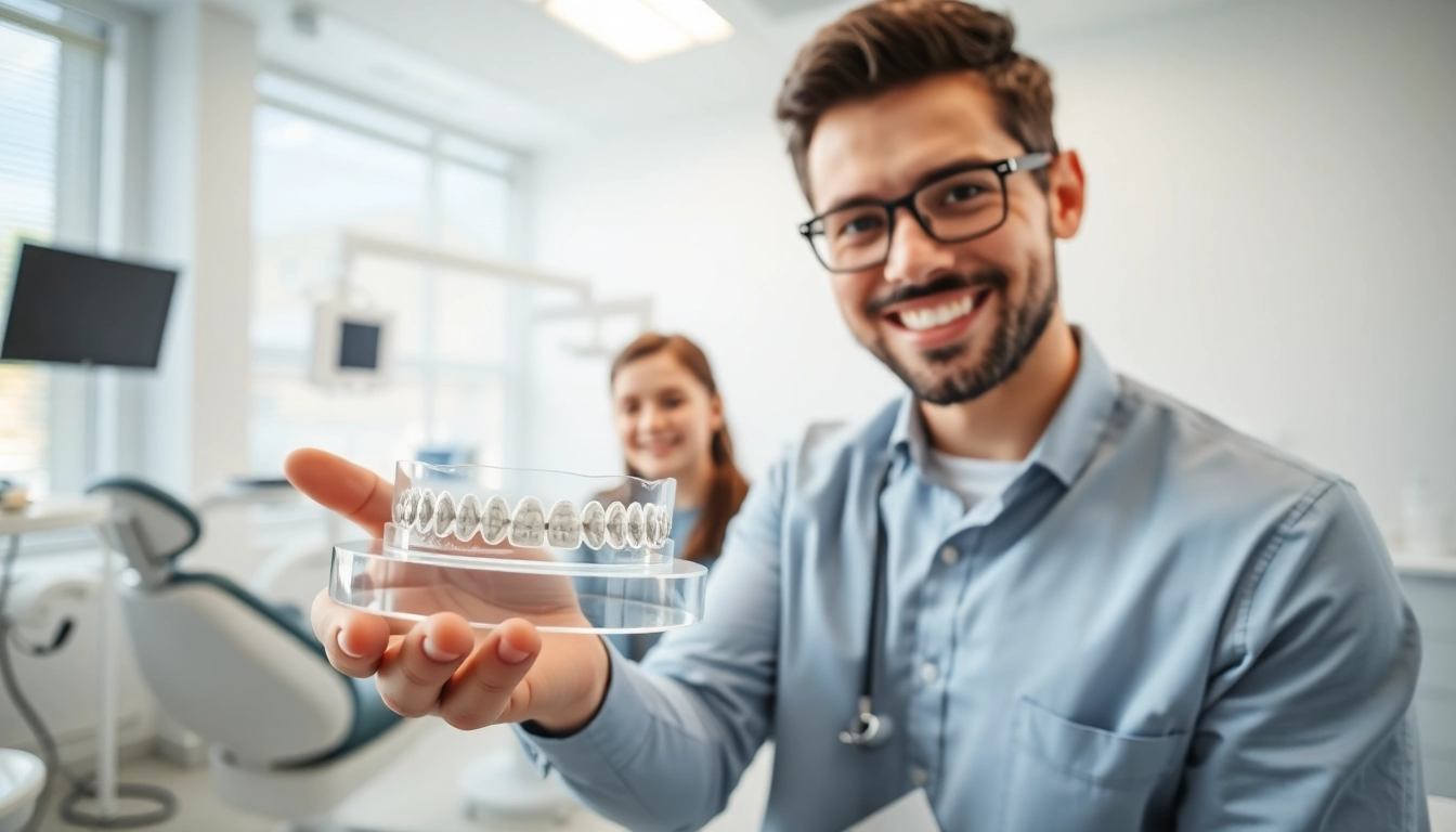 Friendly orthodontist edmonton showcasing clear aligners to a patient in a modern clinic.