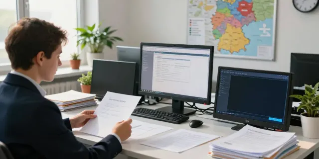 Zollabwicklung Deutschland: Fachmann prüft Importdokumente in modernem Büro.