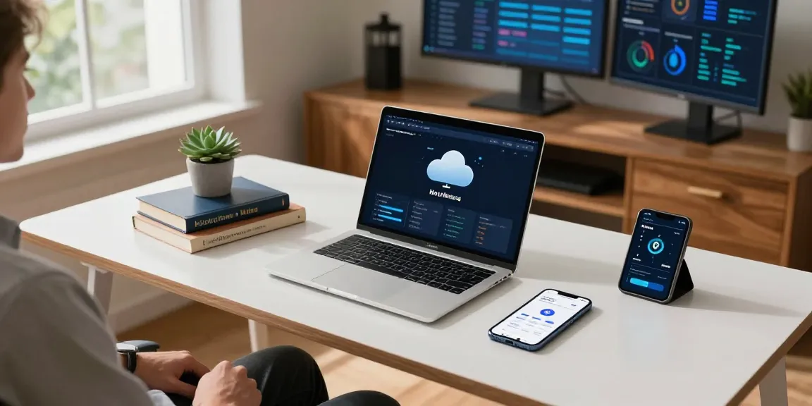 Crypto mining without equipment in a modern home office with laptop, tablet, and wallet app showcasing decentralized finance.