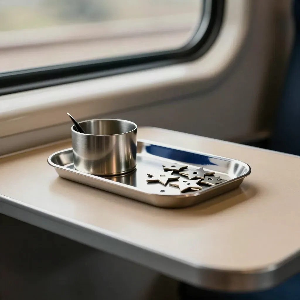Metal symbol tokens jolting on a train table as one star token tips upright.