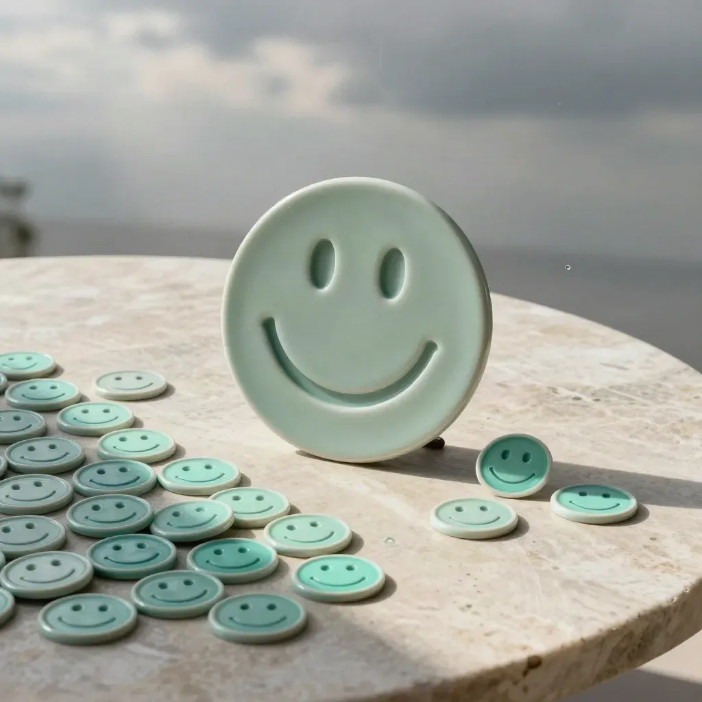 Matte emoji discs and symbol chips on a rain-wet stone terrace, lit by soft morning light.