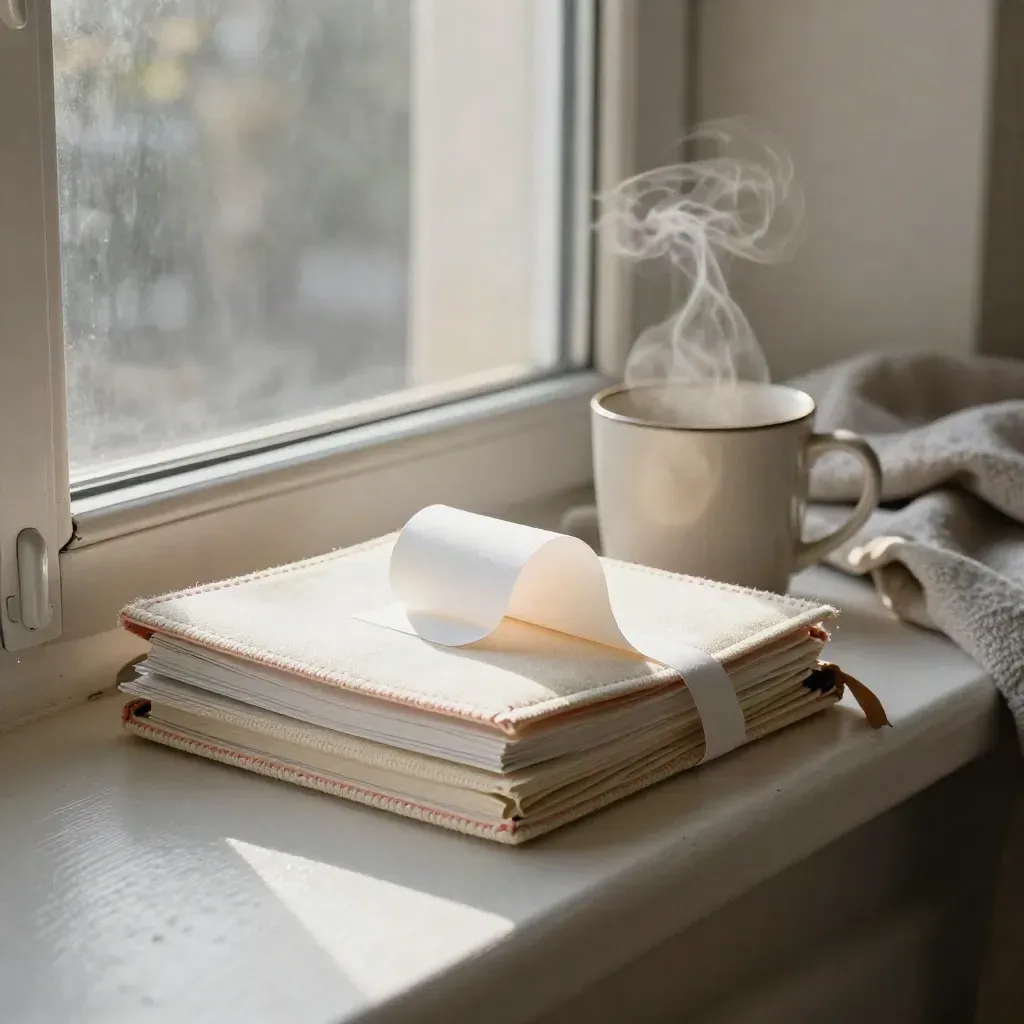Kaomoji strips and a knit pouch on a sunny bedroom windowsill with a steaming mug.