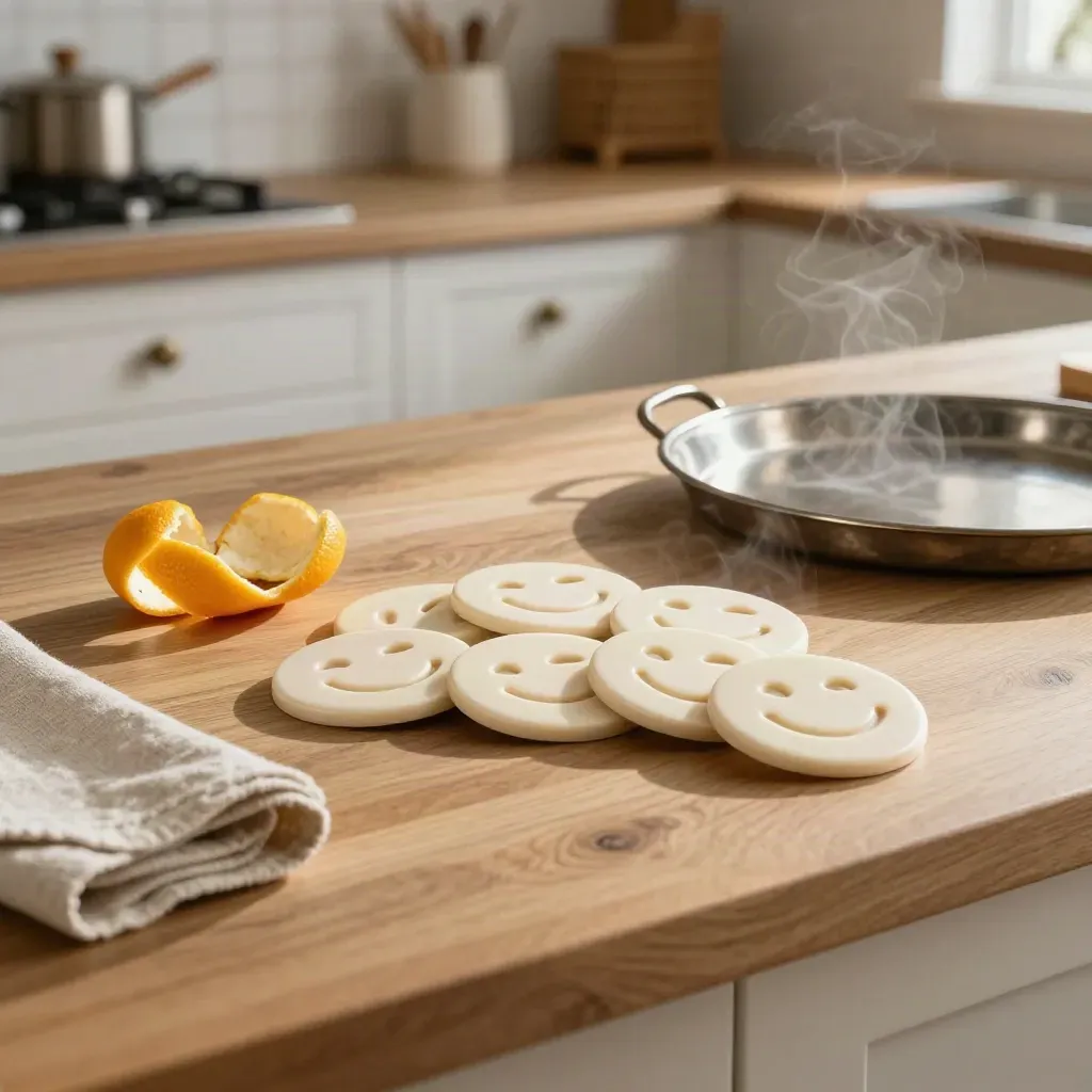Kaomoji tiles fanned on a sunlit oak counter with citrus peels, linen, and steam.