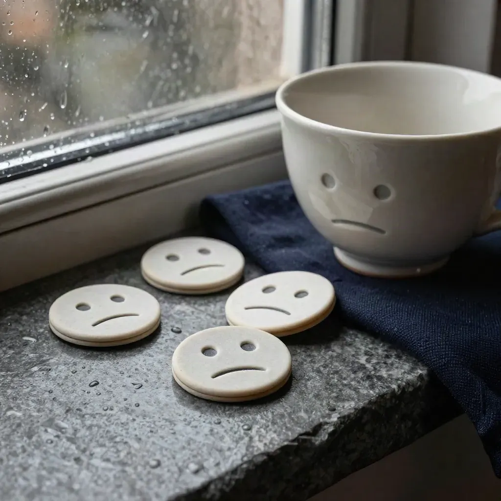 Macro of sad face chips beside a ceramic teacup on dark stone in rainy window light