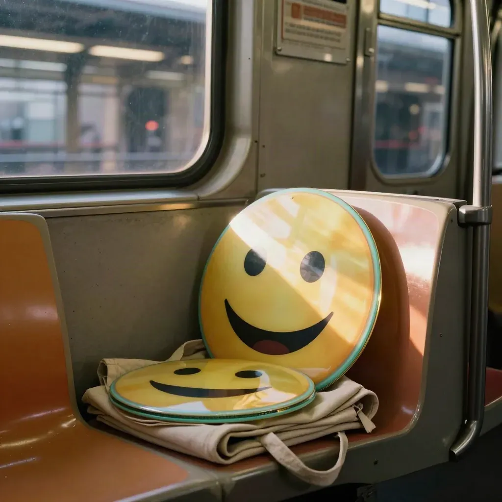 Glossy reaction emoji discs beside a folded tote, reflected in a subway window.