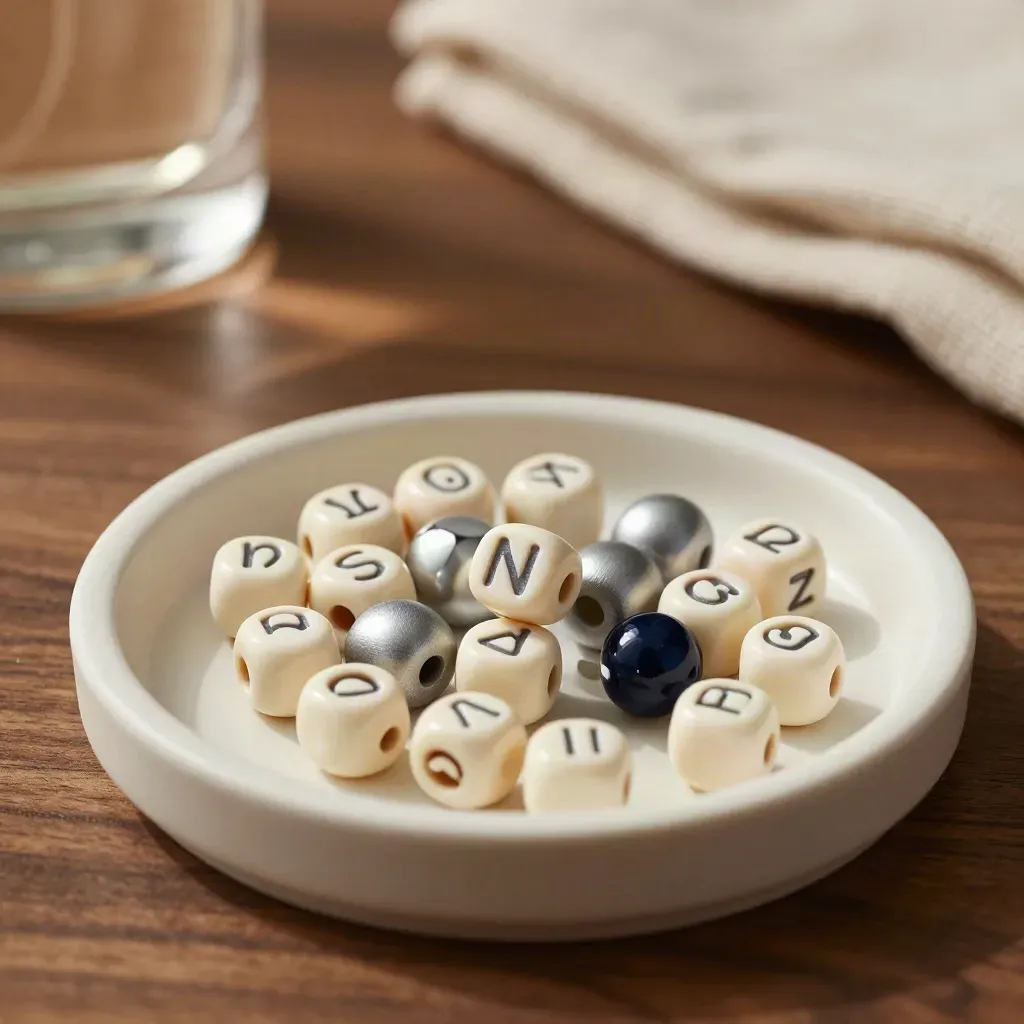 Cream text-face charms tipping in a shallow vanity tray, one bead mid-fall among symbol tokens.
