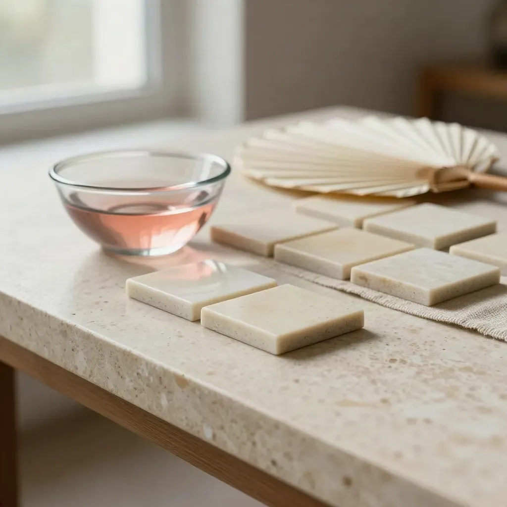 Shy-face mini tiles beside a glass bowl on travertine in soft morning light